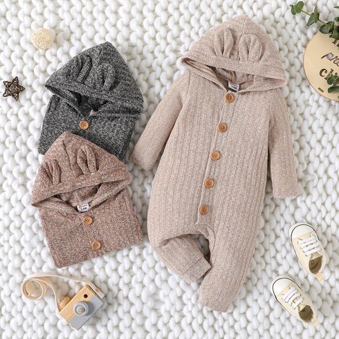 Baby Boy/Girl Heathered Ribbed Long-sleeve 3D Ears Hooded Button Down Jumpsuit
