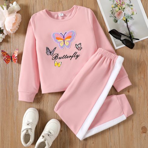 2pcs Kid Girl Butterfly Embroidered Pink Sweatshirt and Fleece Splice Pants Set