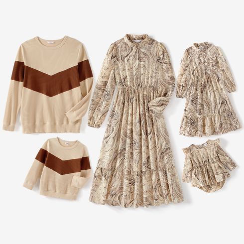 Family Matching Allover Print Mock Neck Long-sleeve Button Front Midi Dresses and Colorblock Rib Knit Tops Sets