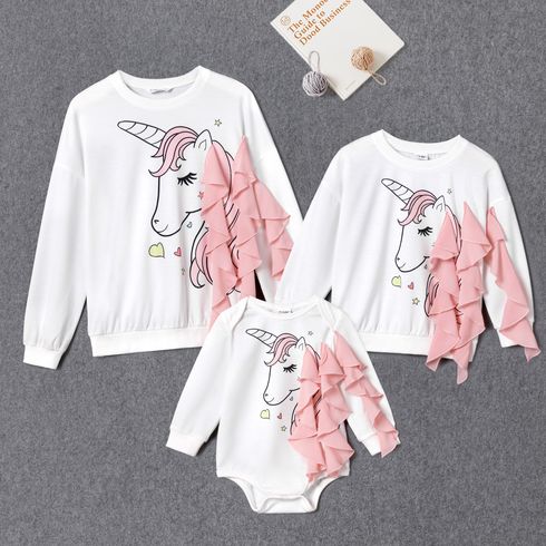 Mommy and Me Unicorn Print Spliced Layered Ruffle Trim Long-sleeve Sweatshirts
