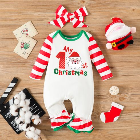 Christmas 2pcs Baby Girl Santa & Letter Print Red Striped Long-sleeve Ruffle Bell Bottom Jumpsuit with Headband Set
