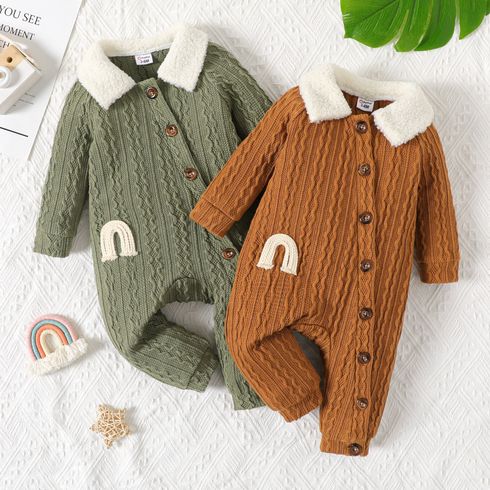 Baby Boy Rainbow Detail Sherpa Fleece Collar Spliced Long-sleeve Button Front Cable Knit Jumpsuit