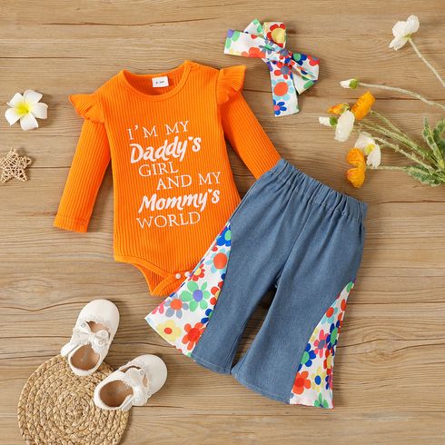 2pcs Baby Girl 95% Cotton Long-sleeve Letter Print Rib Knit Romper and Floral Print Flared Jeans Set