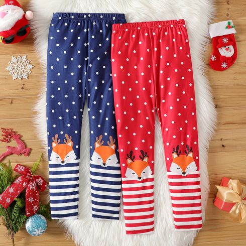 Kid Girl Christmas Fox Print Polka dots Striped Elasticized Leggings