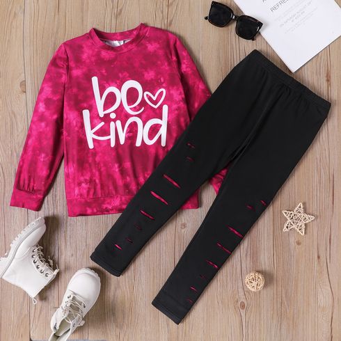 2pcs Kid Girl Letter Print Tie Dyed Sweatshirt and Ripped Elasticized Leggings Set