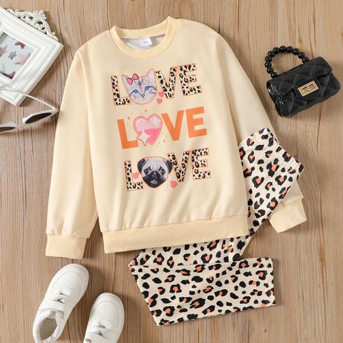 2pcs Kid Girl Leopard Letter Print Sweatshirt and Elasticized Leggings Set
