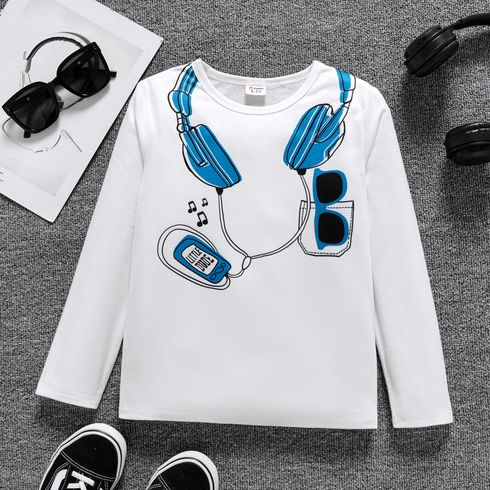 Kid Boy Headphone Print Long-sleeve White Tee