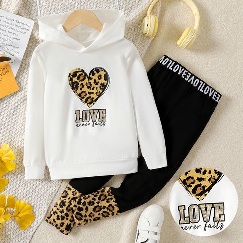 2pcs Kid Girl Letter Heart Print Hoodie Sweatshirt and Leopard Print Splice Leggings Set