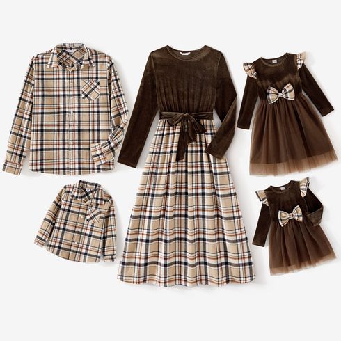 Family Matching Plaid Spliced Velvet Long-sleeve Dresses and Button Up Shirts Sets