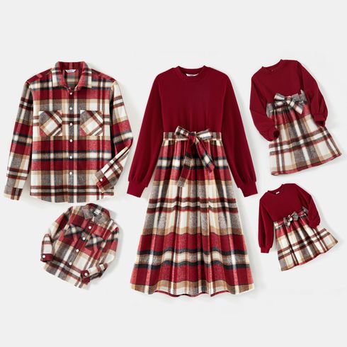 Family Matching Solid Ribbed Spliced Plaid Belted Dresses and Long-sleeve Button Up Shirts Sets
