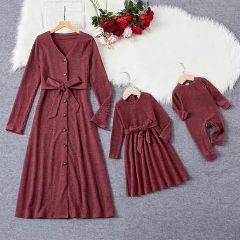 Mommy and Me Solid Rib Knit Long-sleeve Belted Midi Dress