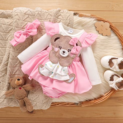 2pcs Baby Girl 95% Cotton Long-sleeve Spliced Embroidered Bear Ruffle Trim Romper Dress with Headband Set