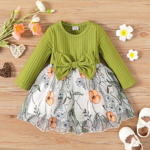 Baby Girl Green Rib Knit Bow Front Long-sleeve Spliced Floral Embroidered Mesh Dress