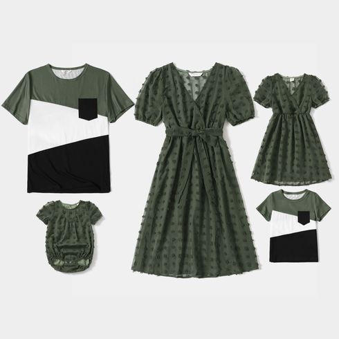 Family Matching Army Green Swiss Dots Cross Wrap V Neck Short-sleeve Dresses and Color Block T-shirts Sets