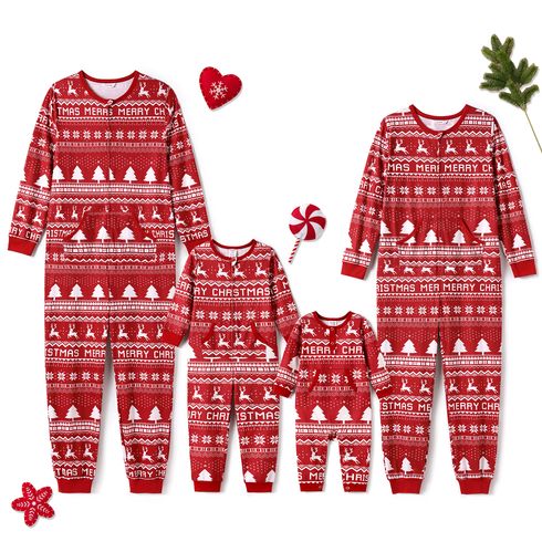 Christmas Family Matching Allover Red Print Long-sleeve Zipper Onesies Pajamas (Flame Resistant)