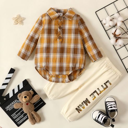 2pcs Baby Boy 100% Cotton Long-sleeve Plaid Romper and Letter Print Pants Set