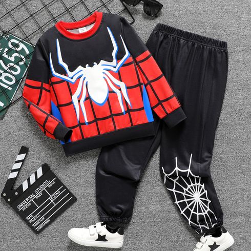 2pcs Kid Boy Spider Print Colorblock Sweatshirt and Black Pants Set