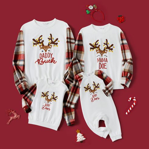 Christmas Family Matching Plaid Long-sleeve Spliced Deer & Letter Print Sweatshirts