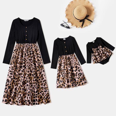 Mommy and Me Solid Spliced Leopard Print Button Front Long-sleeve Midi Dress