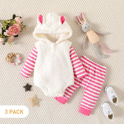 3pcs Baby Girl 3D Ears Fuzzy Fleece Sleeveless Romper and Striped Long-sleeve Set
