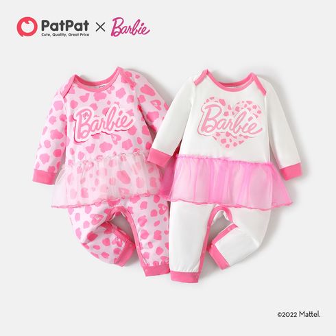 Barbie Baby Girl 100% Cotton Long-sleeve Letter Print Spliced Mesh Jumpsuit