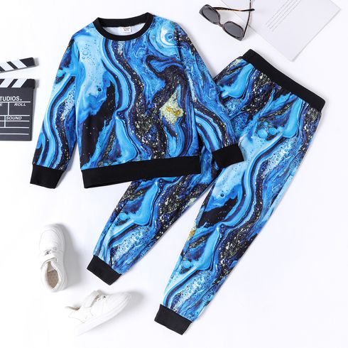 2pcs Kid Boy Space Print Blue Pullover Sweatshirt and Pants Set