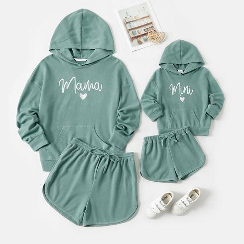 Mommy and Me Heart & Letter Embroidered Long-sleeve Waffle Hoodie with Knot Front Shorts Sets