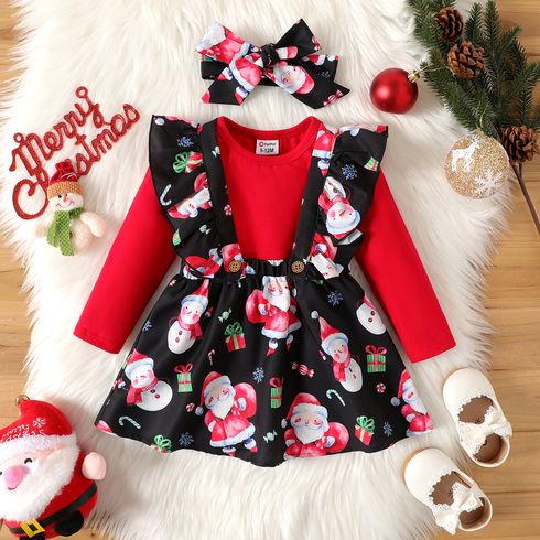 Christmas 3pcs Baby Girl 95% Cotton Long-sleeve Tee and Allover Santa & Snowman Print Ruffle Suspender Skirt with Headband Set