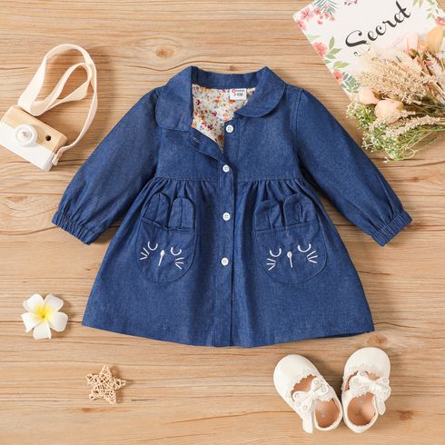 Baby Girl Floral Print Lined Denim Long-sleeve Button Dress
