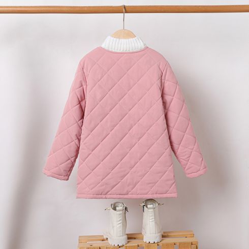 Kid Girl Solid Color Textured Button Design Coat Pink big image 4