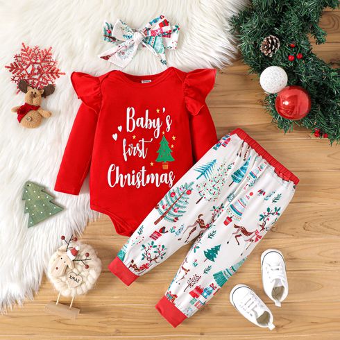Christmas 3pcs Baby Girl Ruffle Long-sleeve Letter Graphic Romper and Allover Xmas Tree Print Pants with Headband Set