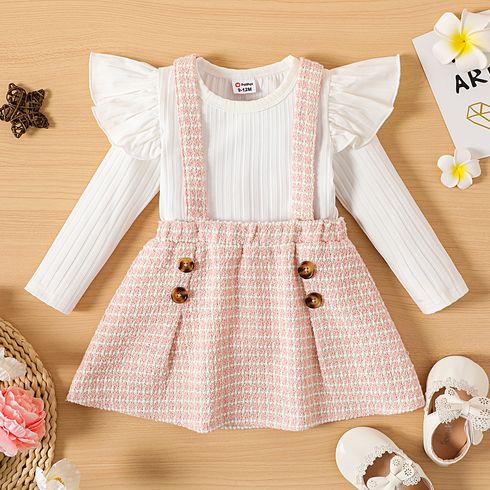 2pcs Baby Girl Solid Rib Knit Ruffle Long-sleeve Top and Button Front Tweed Suspender Skirt Set