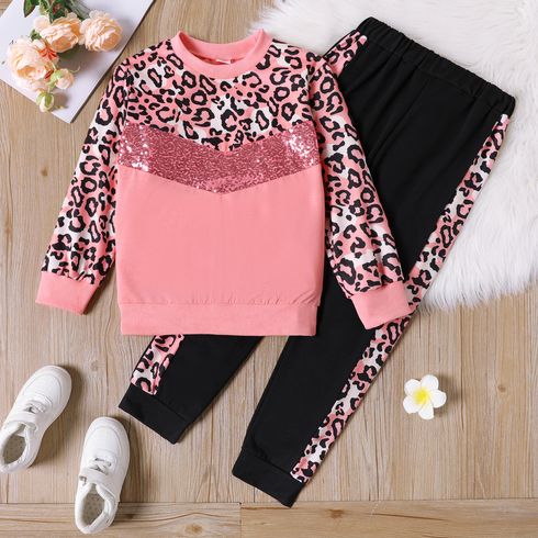 2pcs Kid Girl Leopard Print Colorblock Sequined Sweatshirt and Elasticized Pants Set