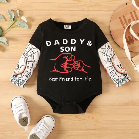 Baby Boy 95% Cotton Fist & Letter Graphic Spliced Spider Web Print Long-sleeve Romper