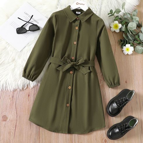 Kid Girl 100% Cotton Lapel Collar Button Design Belted Army Green Dress