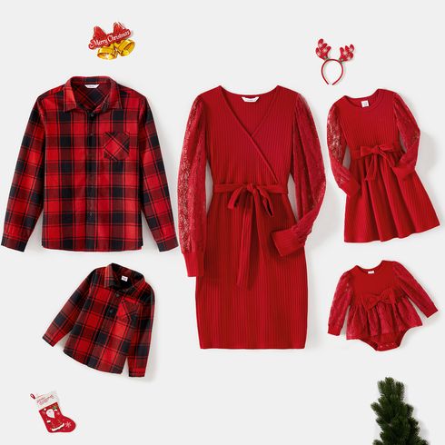 Family Matching Red Lace Long-sleeve Spliced Rib Knit Belted Dresses and Plaid Shirts Sets