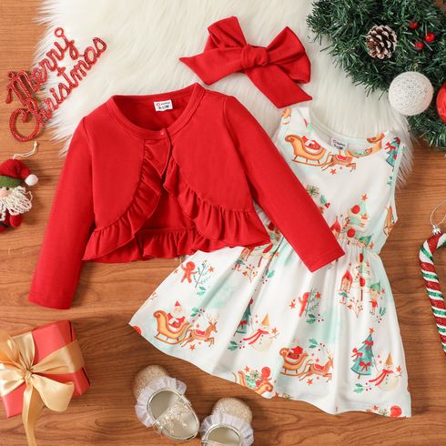 Christmas 3pcs Baby Girl Allover Print Tank Dress and Solid Ruffle Trim Long-sleeve Cardigan with Headband Set