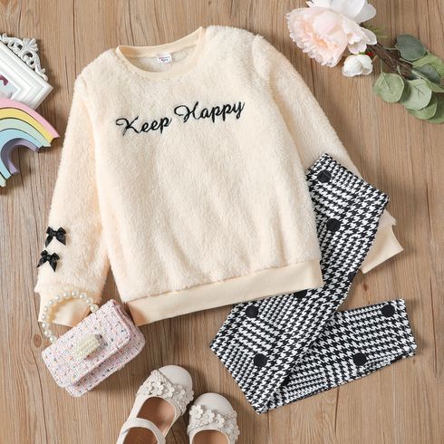 2pcs Kid Girl 3D Bowknot Letter Embroidered Fleece Sweatshirt and Houndstooth Leggings Set