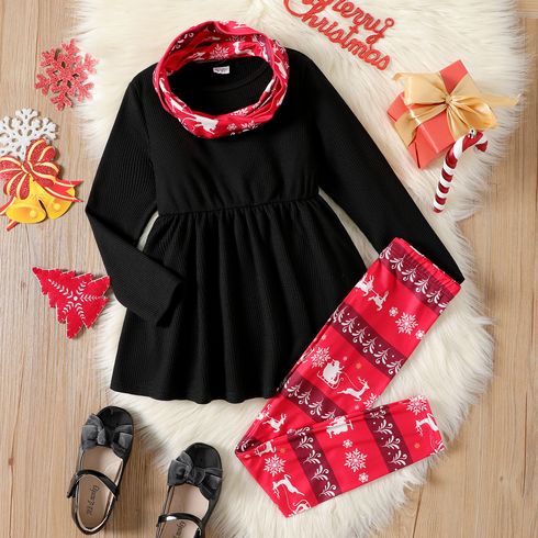 3pcs Kid Girl Christmas Ribbed Black Tee & Allover Print Leggings and Scarf Set