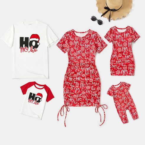 Christmas Family Matching Allover Letter & Snowflake Print Drawstring Ruched Bodycon Dresses and Short-sleeve Graphic T-shirts Sets