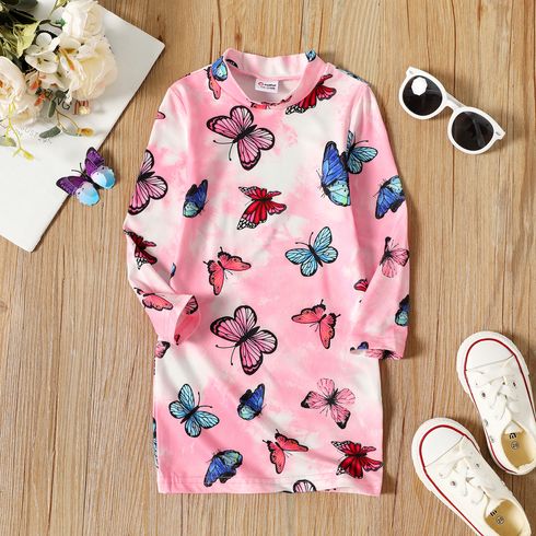 Toddler Girl Butterfly Print Tie Dyed Mock Neck Long-sleeve Dress