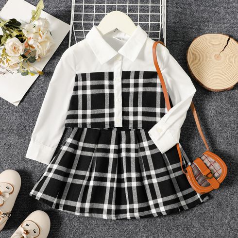 2pcs Toddler Girl Plaid Splice Lapel Collar Long-sleeve Shirt and Pleated Skirt Set