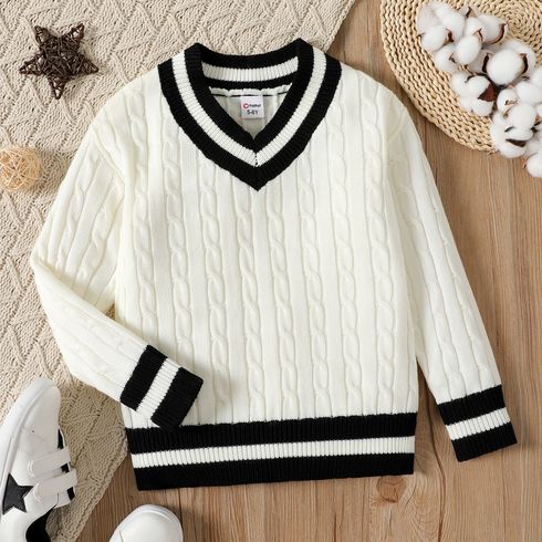 Kid Girl Preppy style Striped V Neck Cable Knit Sweater