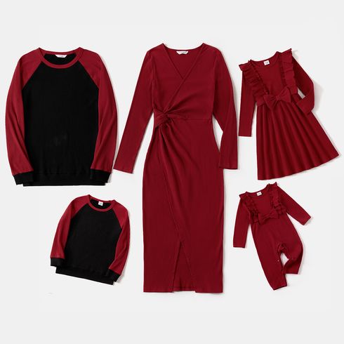 Family Matching Solid Rib Knit V Neck Twist Knot Split Bodycon Dresses and Raglan-sleeve T-shirts Sets