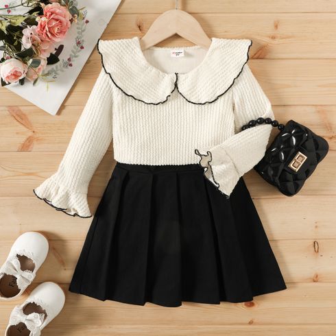 2pcs Toddler Girl Doll Collar Textured Bell sleeves Blouse and Pleated Cotton Skirt Set