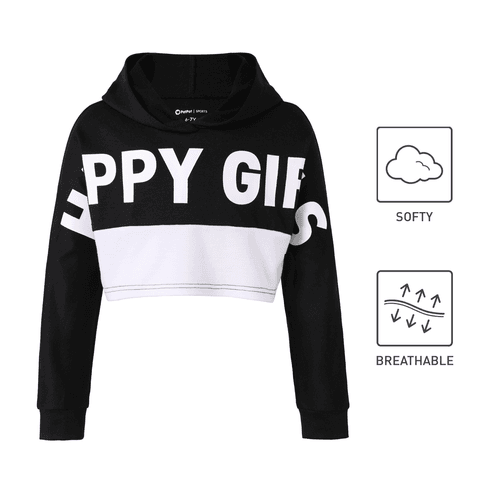 Activewear Kid Girl Letter Print Colorblock Crop Hoodie Sweatshirt