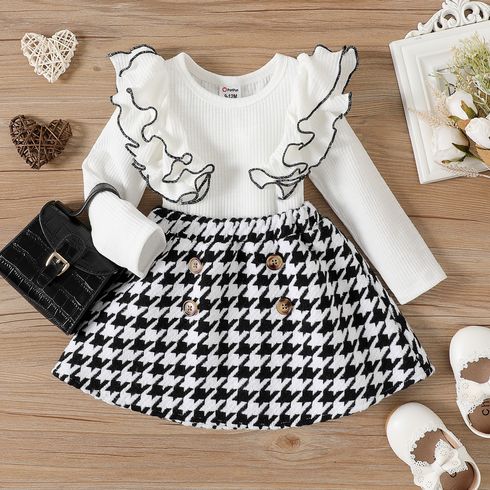 2pcs Baby Girl Rib Knit Layered Ruffle Trim Long-sleeve Top and Double Breasted Houndstooth Skirt Set