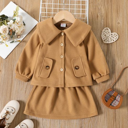 2pcs Toddler Girl Statement Collar Button Design Khaki Jacket and Skirt Set