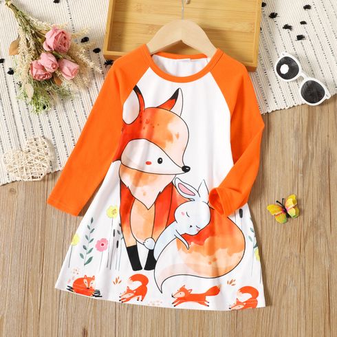 Toddler Girl Floral Fox Print Long Raglan Sleeve Dress
