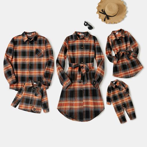 Family Matching Brown Plaid Button Front Shirts and Long-sleeve Belted Dresses Sets